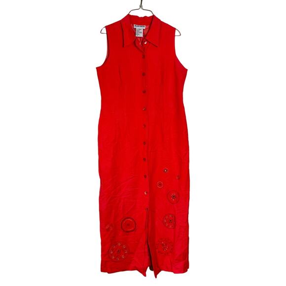 Plaza South Linen Blend Red button front midi dress embroidered mirror accent 10 - Picture 1 of 9